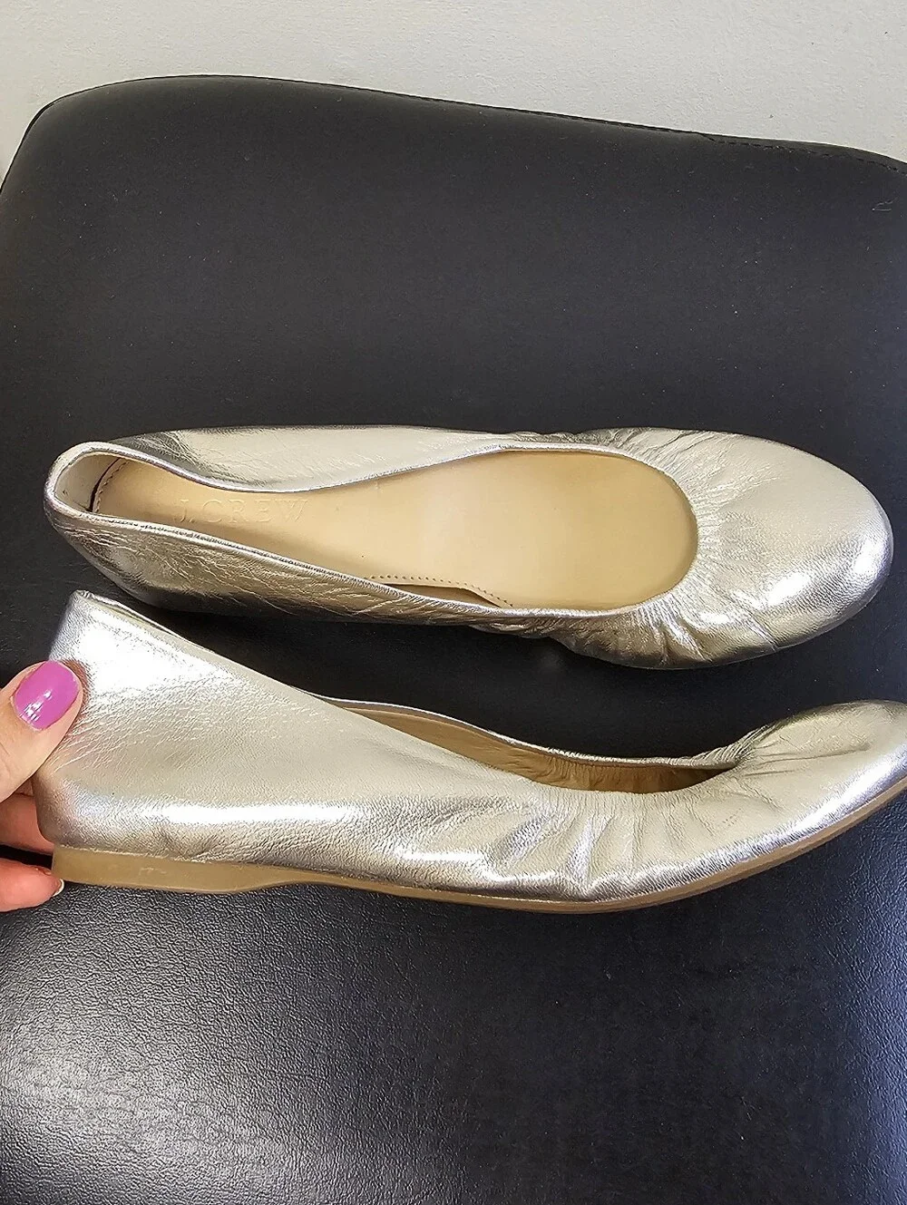 J.Crew Metallic Silver Leather Scrunch Ballet Flats - Size 6